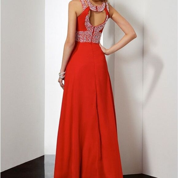 Empire Jewel Sleeveless Acrylic Jewels Long Chiffon Red Dress Sz 2 - Picture 2 of 5